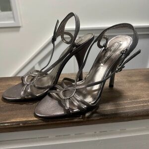 BCBGMaxAzria Pewter Metallic Strappy Slingback Heels
